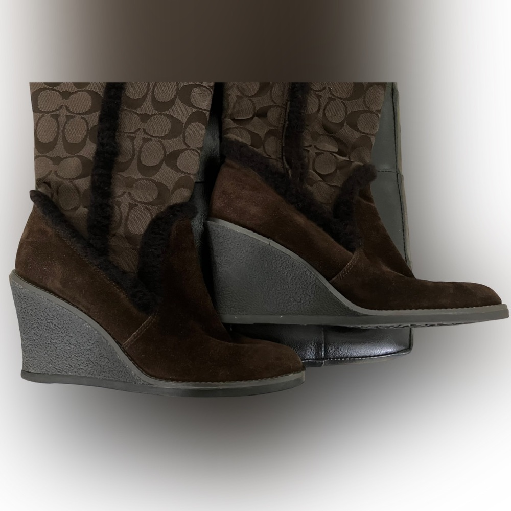 Coach Brown Monogram C Logo Jordana W123Sheepskin Suede Zip Wedges 7 1/2M No box - Picture 6 of 12